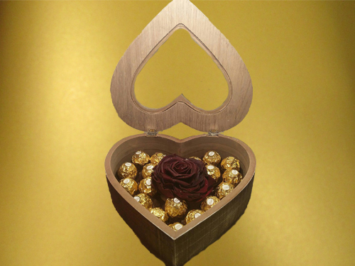 Wooden Heart Shape Box With Burgundy Rose and Ferrero